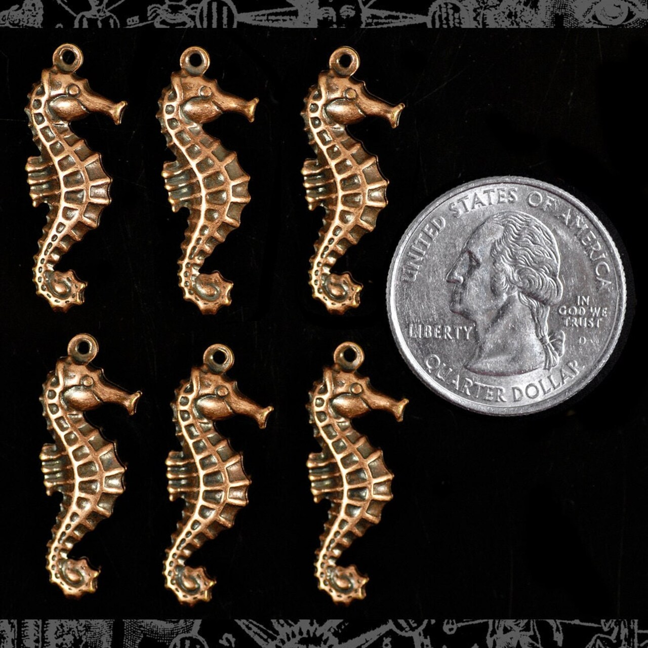 Antiqued Copper Plated Brass Two-Sided Sea Horse Charms - Set of Six - XXX - C-C108